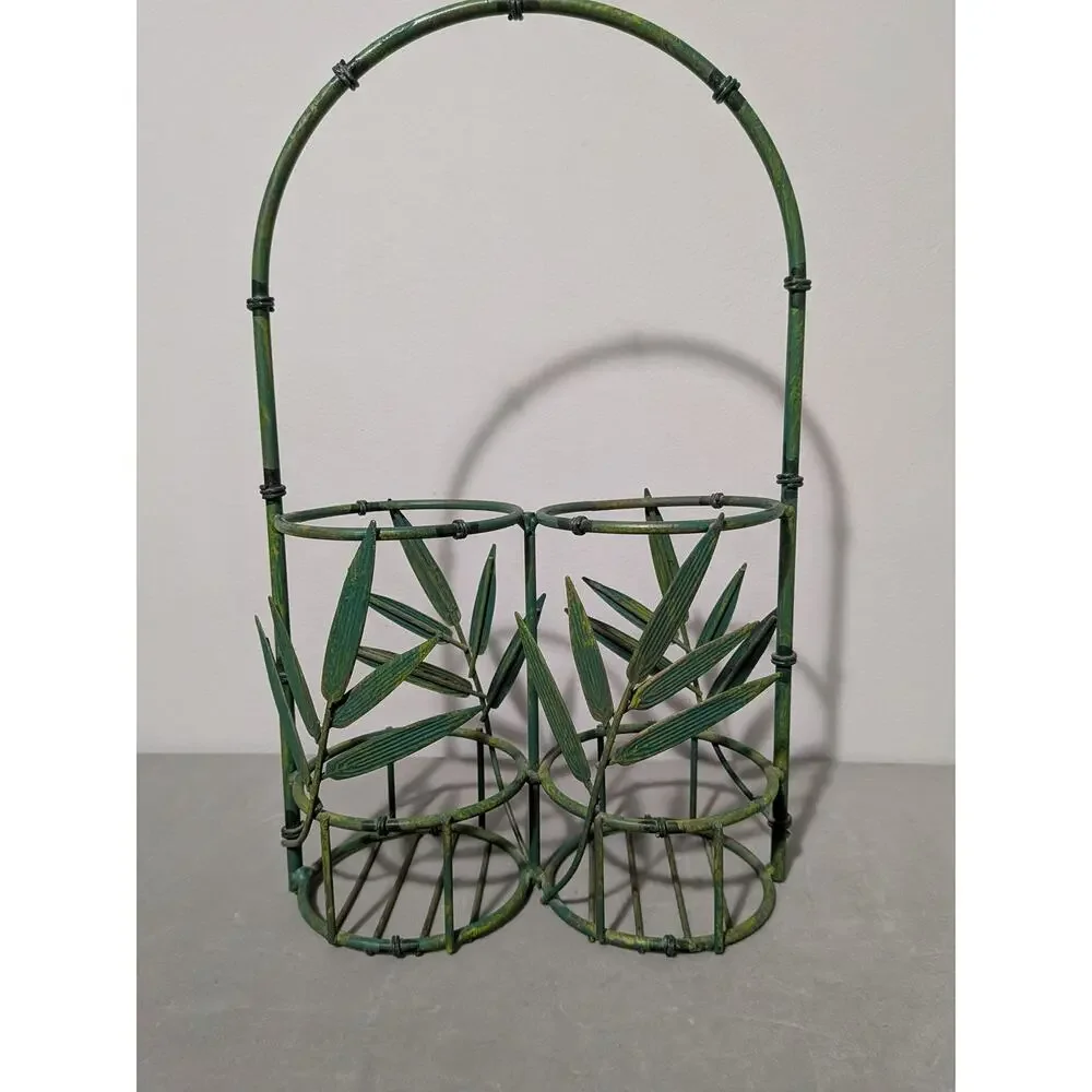 Vintage Green Metal Bamboo Wine Rack Tabletop Holder 16